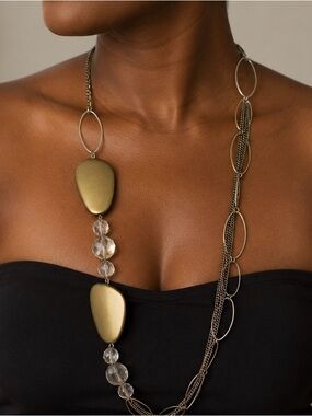 Long Gold Pendant and Chain Necklace with Clear Beads - Women Jewelry